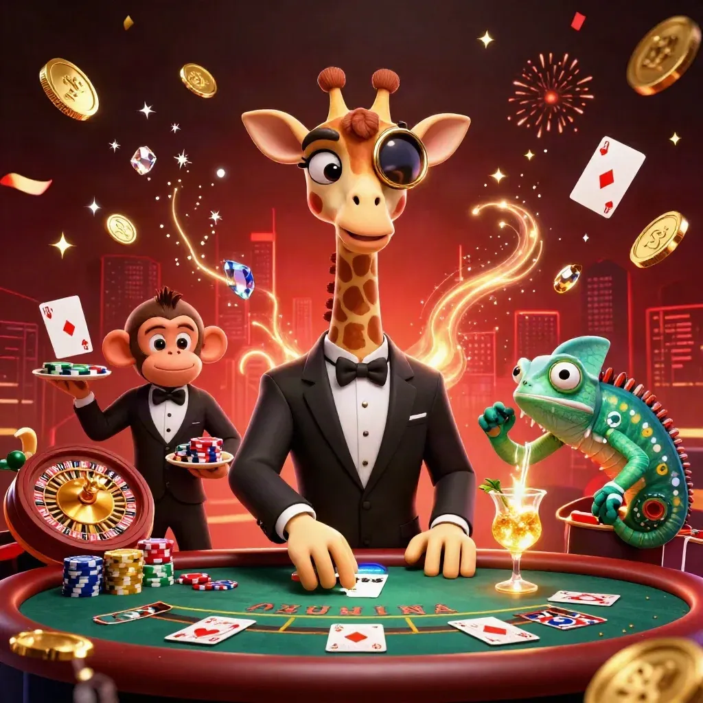 Giraffe jas, monyet valet, dan bartender bunglon di meja kasino dengan koin emas dan kembang api.