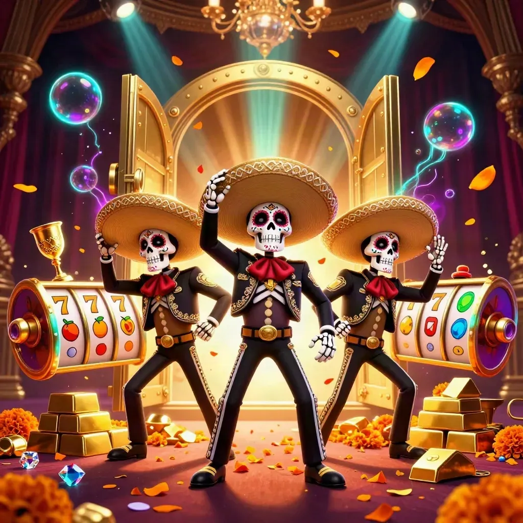 Tiga skeleton mariachi emas di antara peti harta, koin, dan efek kasino mewah.