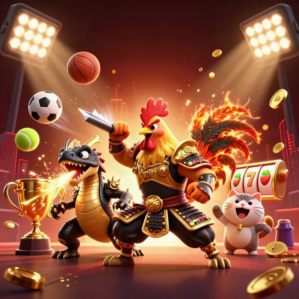 Ayam samurai, naga kecil, dan kucing hoki dikelilingi bola, koin, dan kilau kasino.