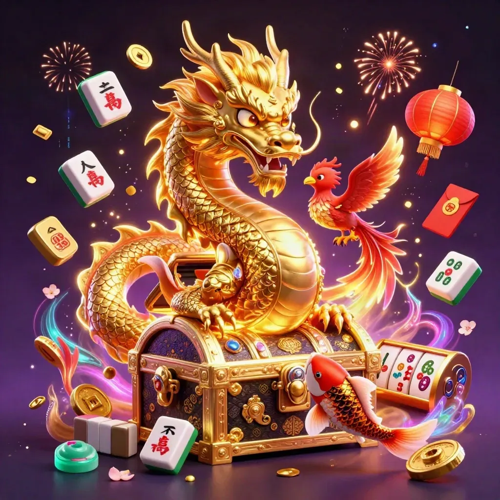 Naga emas melingkar di peti harta, ditemani phoenix merah dan koi, dengan simbol jackpot bertebaran.
