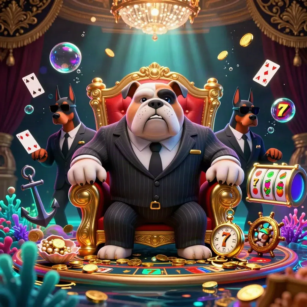 Bulldog bos mafia dan dua doberman di lautan harta, kilau emas, koin, dan efek neon.