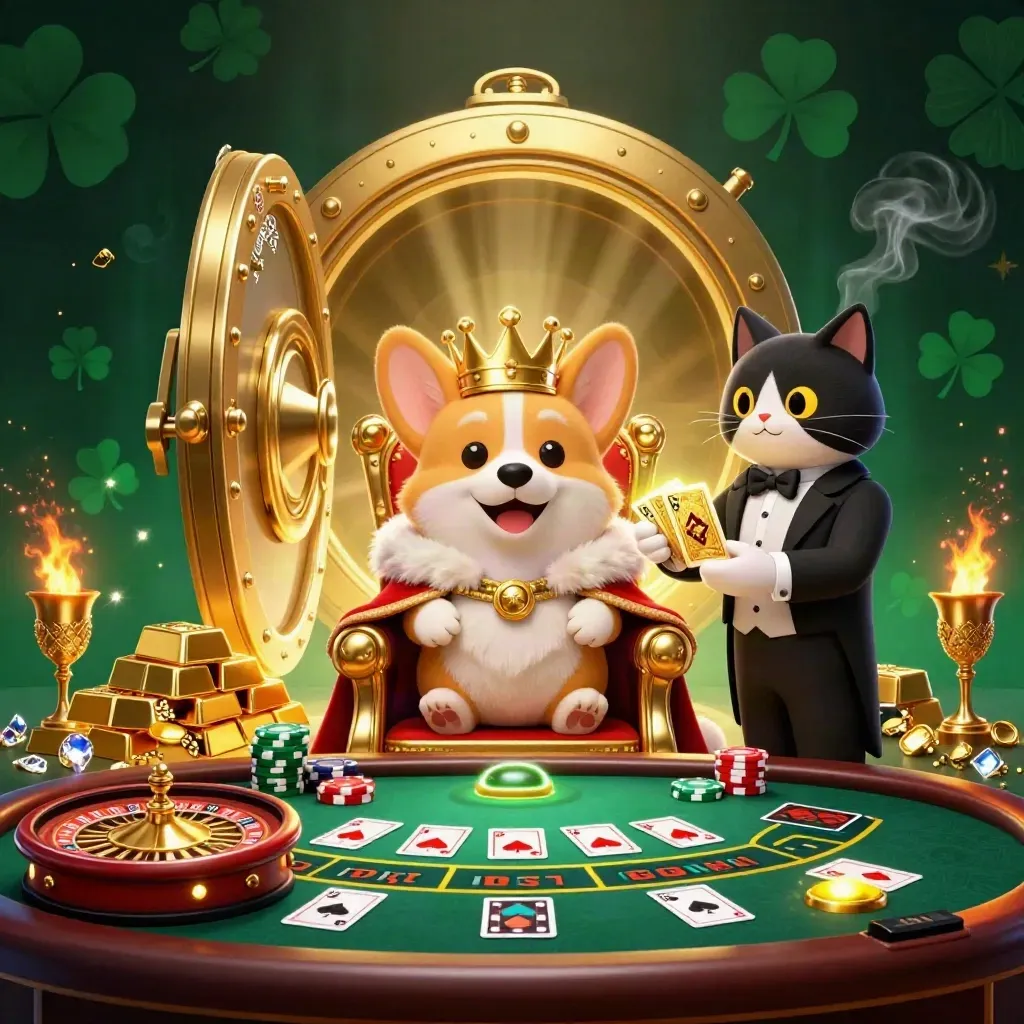 Kucing pelayan dan corgi mahkota di singgasana chip, harta emas dan kilau neon.
