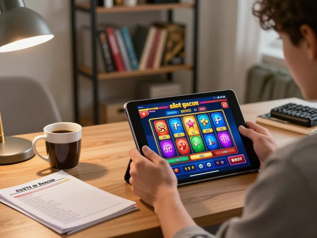 Engaged player enjoying situs slot gacor online on tablet, surrounded by strategic notes and warm ambiance.
