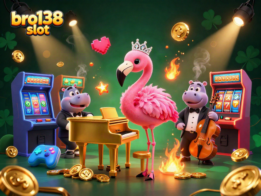 Spin to win with the bro138 slot in this vibrant 3D digital illustration featuring casino characters.