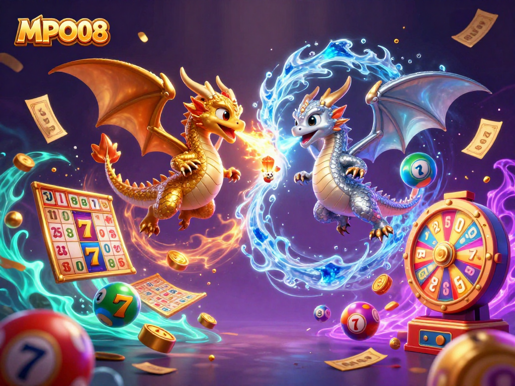 MPO08 engages players with vibrant slot machines and magical dragons in a rich casino atmosphere.