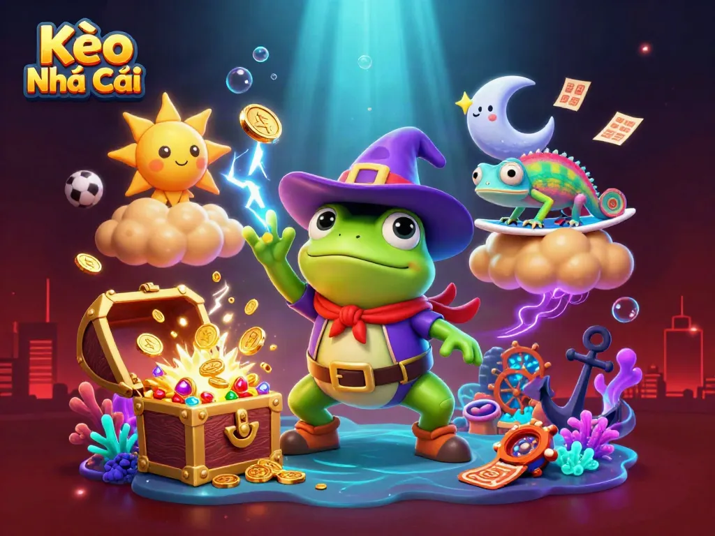 Engaging depiction of Kèo Nhà Cái featuring a wizard frog unleashing golden coins amidst vibrant casino elements