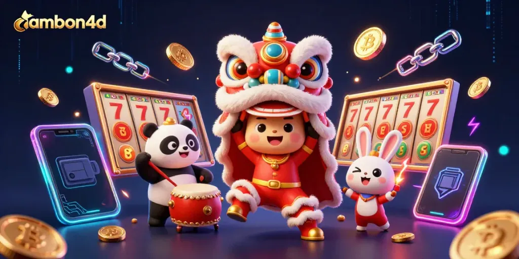 Experience the thrill with ambon4d in this vibrant 3D casino-themed illustration of lucky slots and characters.