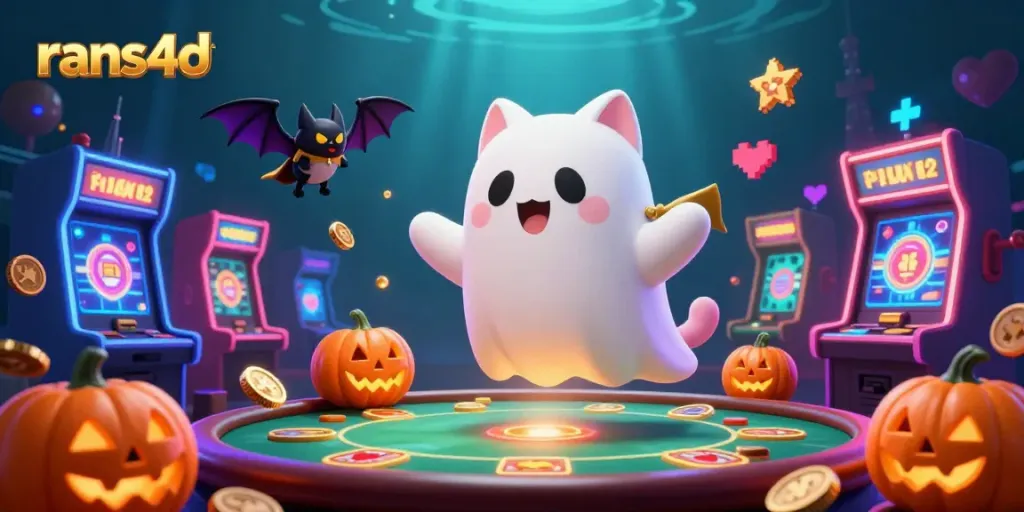 Rans4d memperlihatkan hantu kucing yang bersahabat mengambang di kasino fantasi yang berwarna-warni, dikelilingi mesin slot.