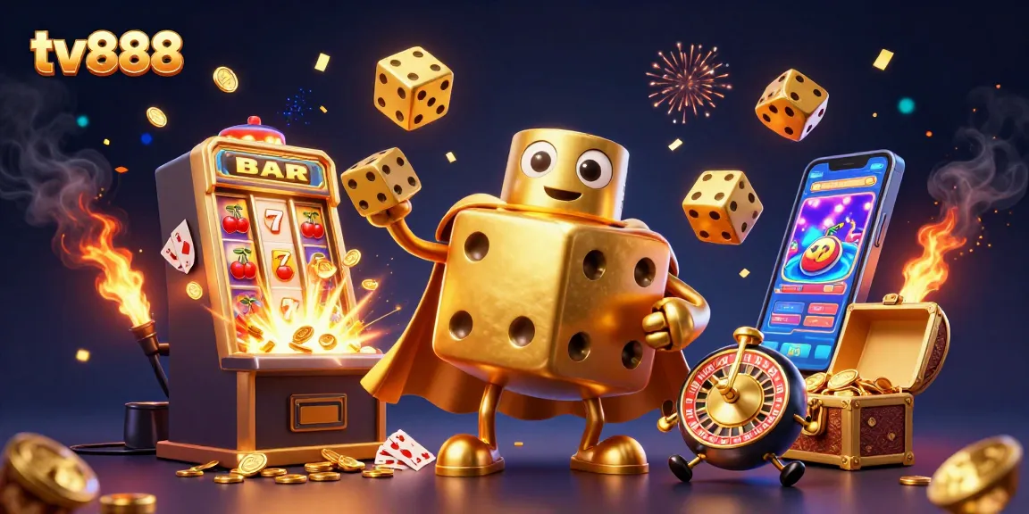 Engaging 3D scene showcasing tv888 with cartoon dice characters, slots, and casino elements, depicting a vibrant betting atmosphere.