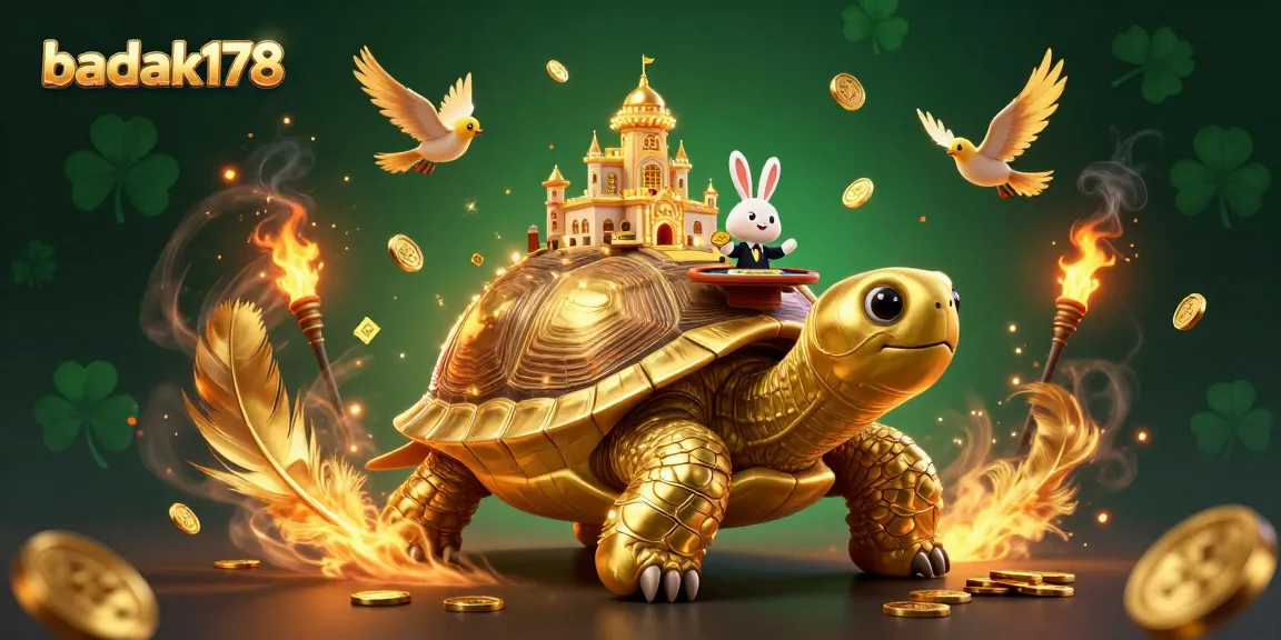 Experience exciting games at badak178 with a vibrant casino scene featuring a tortoise and a rabbit dealer.