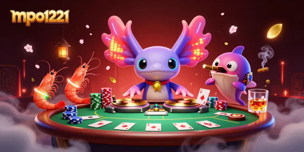 mpo1221 menghadirkan suasana kasino yang meriah dengan DJ axolotl dan teman-teman yang ceria.