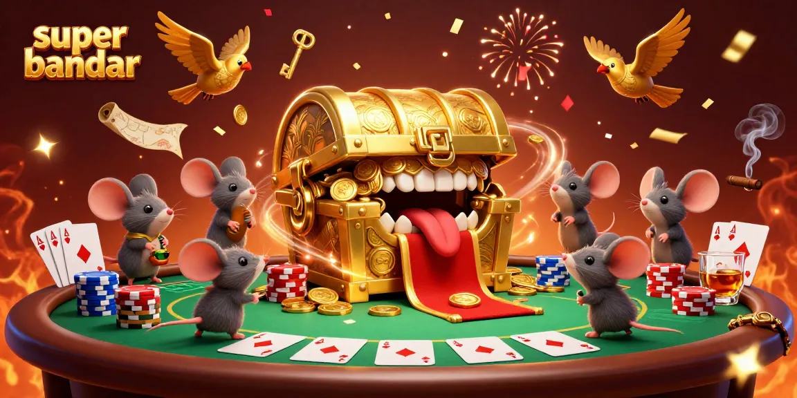 Permainan super bandar menarik perhatian pemain dengan meja poker, peti harta karun, dan banyak koin emas.