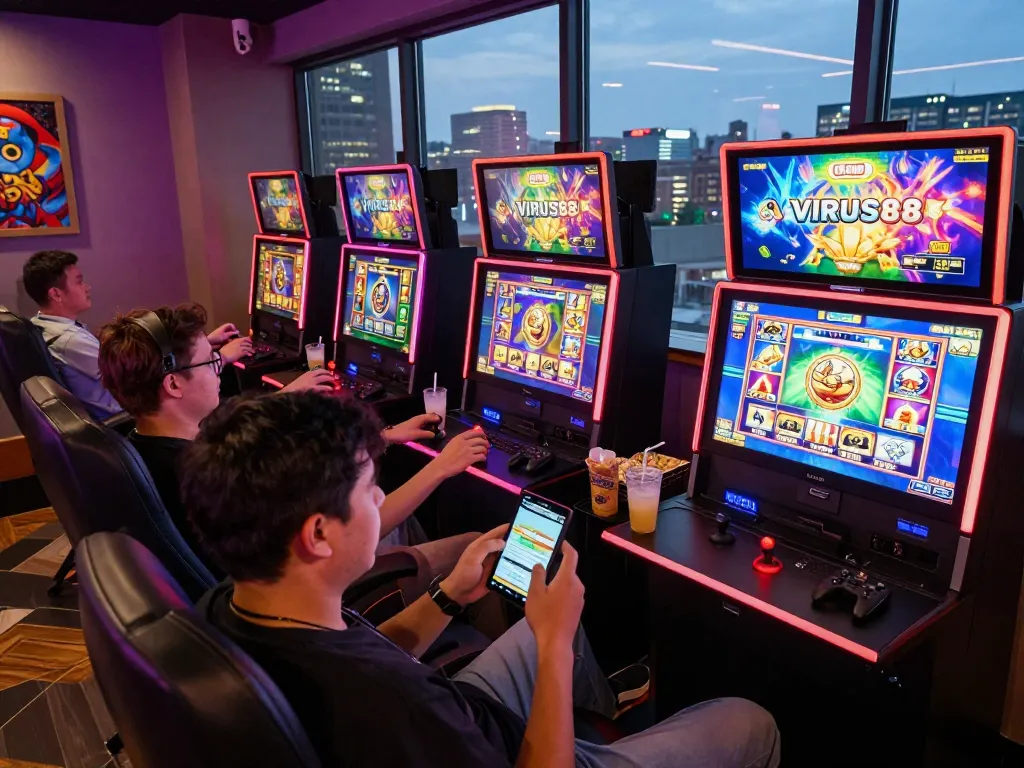 Pemain menikmati permainan slot online VIRUS88 di lounge permainan yang energik.