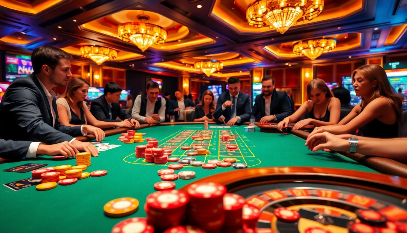 Permainan kasino yang menarik di dingdongtogel.net dengan pemain yang penuh semangat dan chip berwarna-warni.