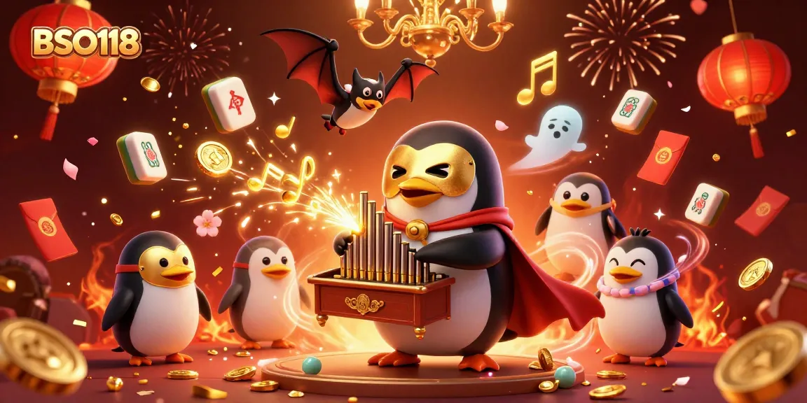 Win big with BSO118 in this vibrant, festive casino scene featuring a phantom penguin and acrobat!