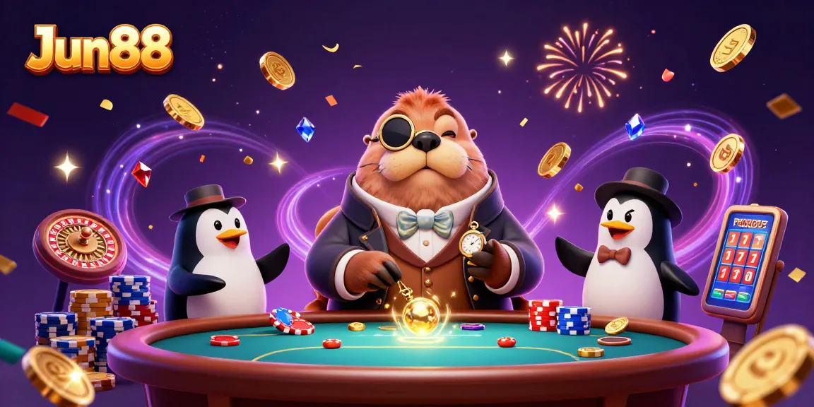 Engage in thrilling gameplay at Jun88 with a jolly walrus and unique characters at an underwater poker table.