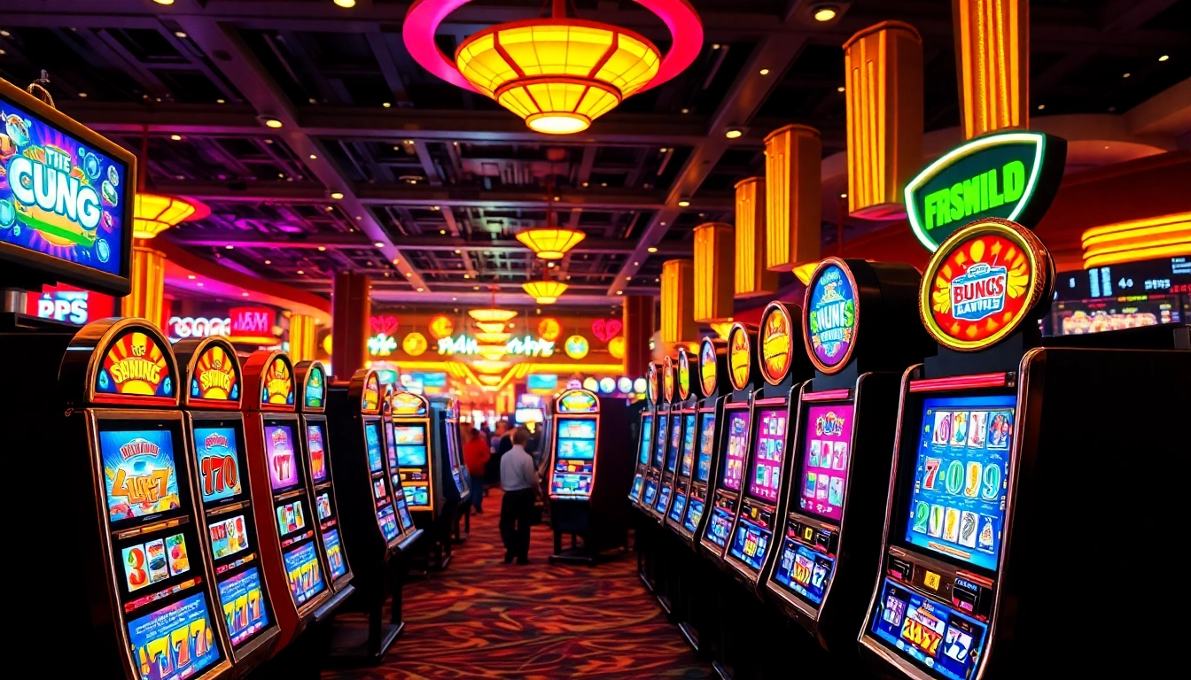 Mainkan slot bertema kasino dengan mesin slot berwarna-warni di latar belakang.