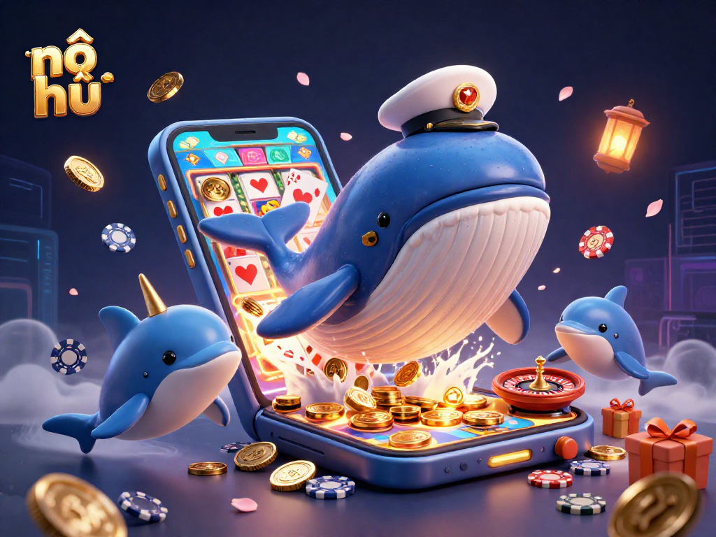 Playful scene with nổ hũ characters enjoying a vibrant gaming atmosphere while breaching through a sea of coins.