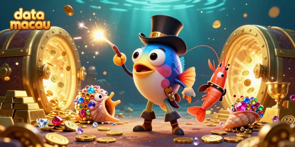 Catch thrilling data macau results in this vibrant 3D casino illustration featuring a deep-sea anglerfish and treasure elements.