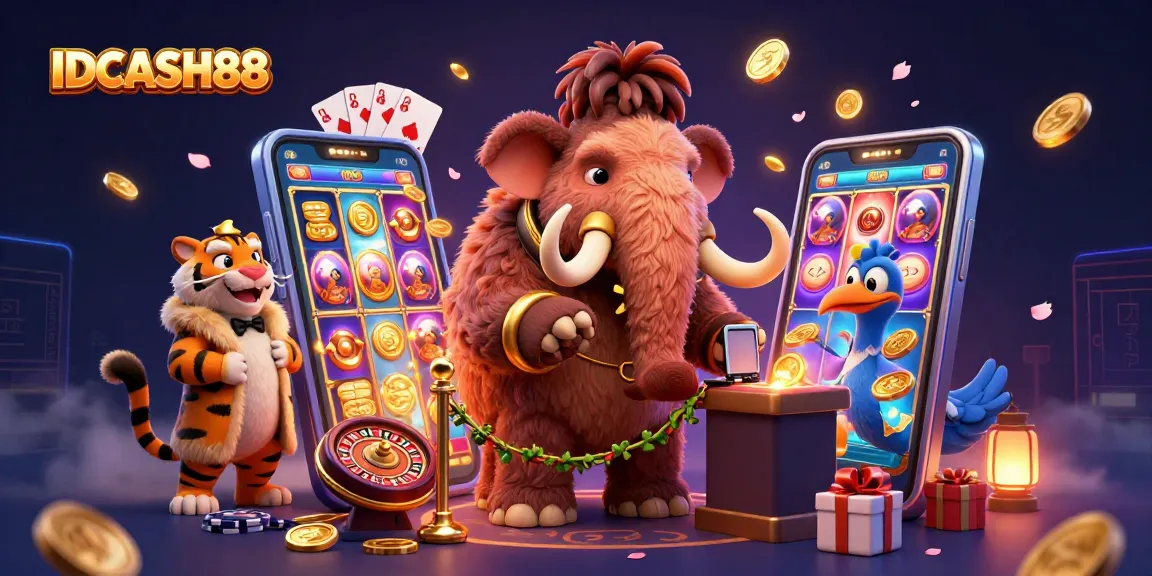 Play exciting games at IDCASH88 with a vibrant scene featuring lavish casino characters and games.
