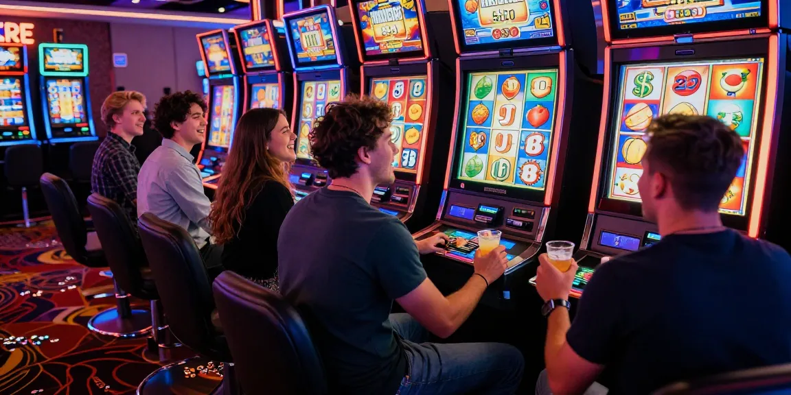 Group enjoying slot gacor experience at a lively casino, surrounded by vibrant lights and excitement.
