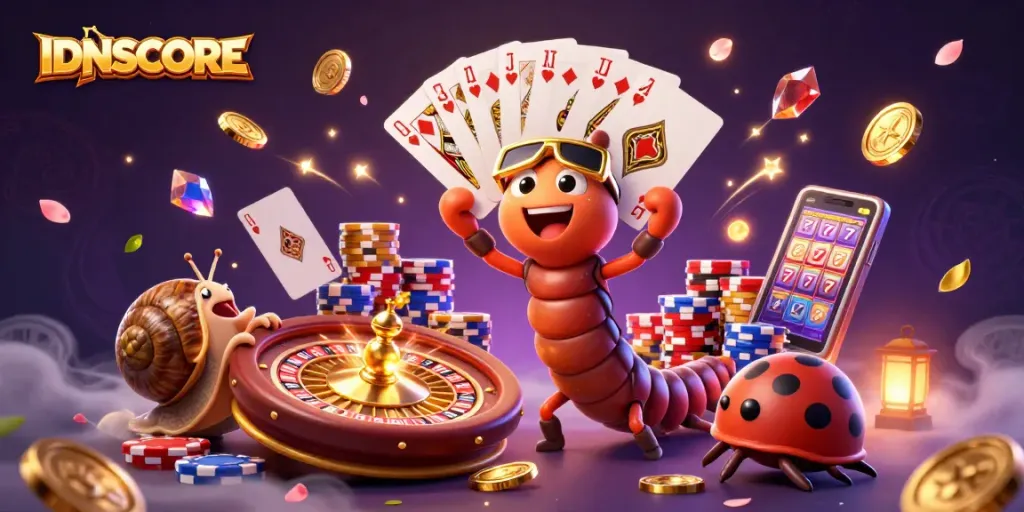 Experience dynamic gaming with IDNSCORE featuring a cartoon millipede dealer and high-roller excitement.