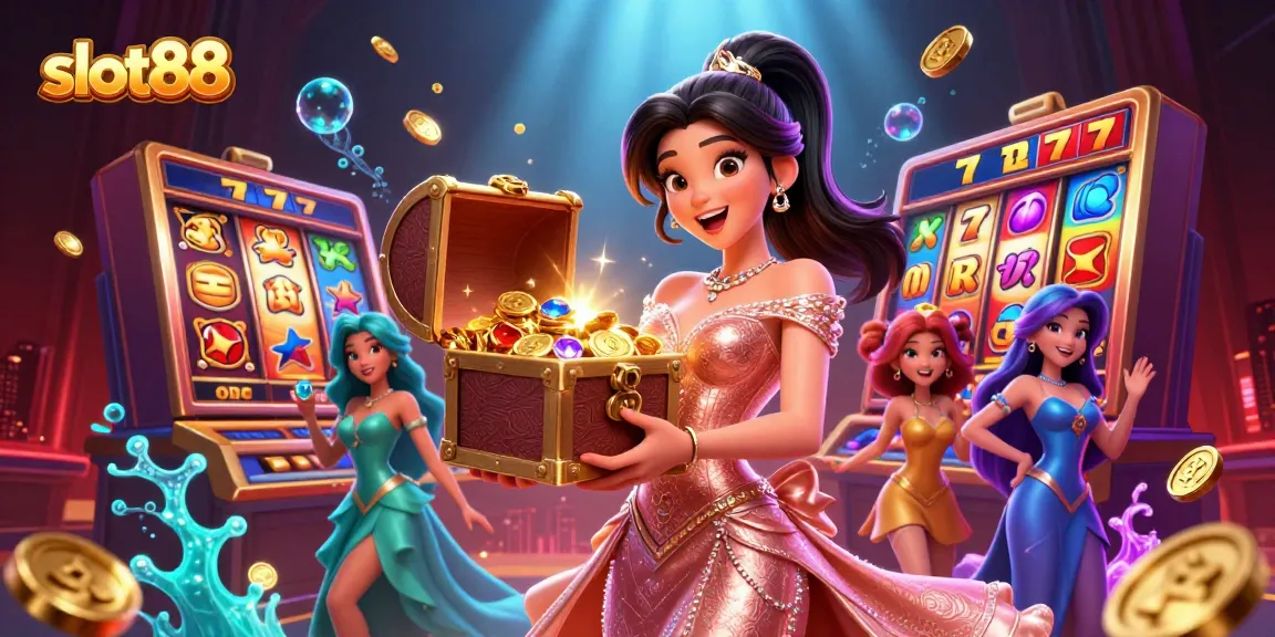 Experience thrilling wins at slot88 with vibrant slot reels and dazzling treasures overflowing in this dynamic scene