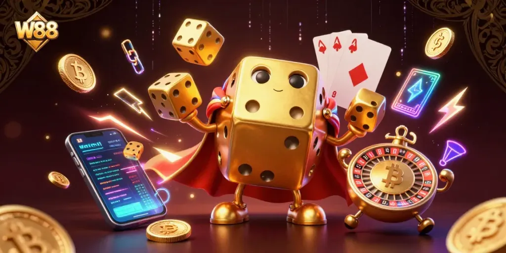 Engage with W88 casino games through vibrant 3D cartoon characters surrounded by colorful digital elements.