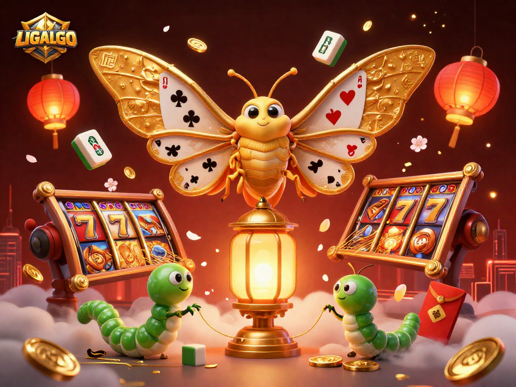 LIGALGO showcases a vibrant illustration of a slot game scene with a majestic moth and casino symbols.