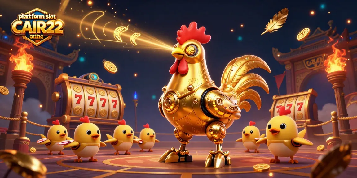 Win big with platform slot online CAIR22 featuring a golden rooster robot in a vibrant casino scene.