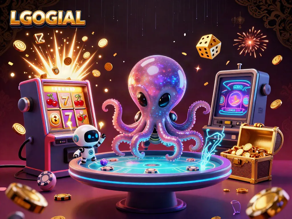 Experience thrilling games at LGOGOAL with an alien octopus playing poker and dynamic slot machine action.