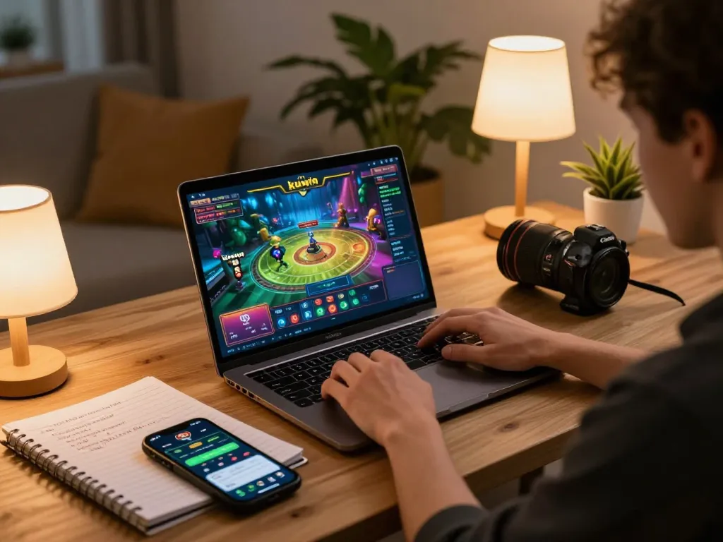 A player enjoys online gaming at kuwin, focused on a vibrant gaming interface in a cozy setup.