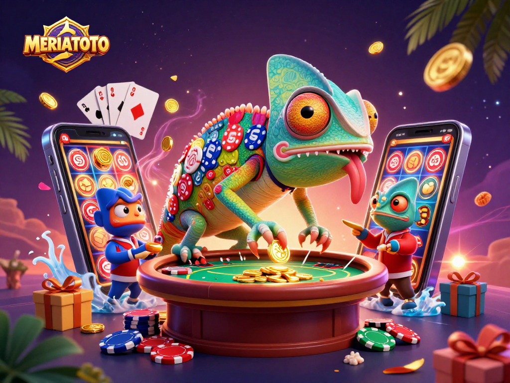 Permainan menarik di MERIAHTOTO dengan chameleon pemilik kasino dan simbol slot yang menggairahkan.