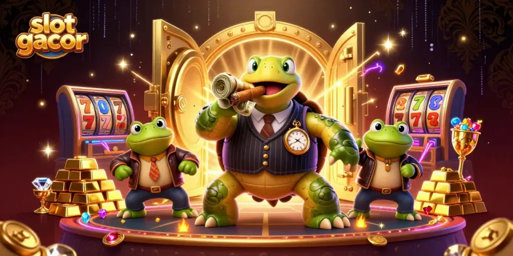 Ilustrasi slot gacor dengan karakter kura-kura gangster, berlawanan dengan penegak hukum katak dalam suasana kasino yang gemerlap.