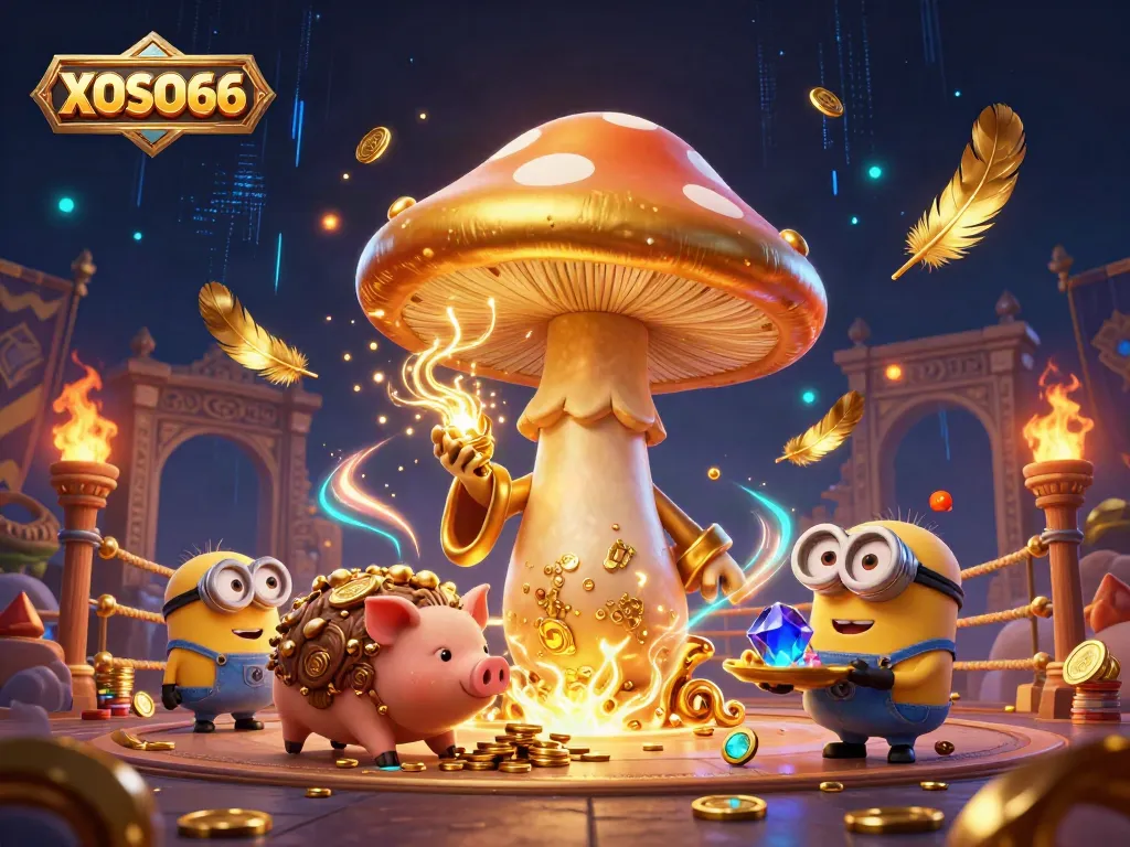 Engage with XOSO66's magical casino adventure featuring golden wizardry and treasure hunt in a vibrant scene.