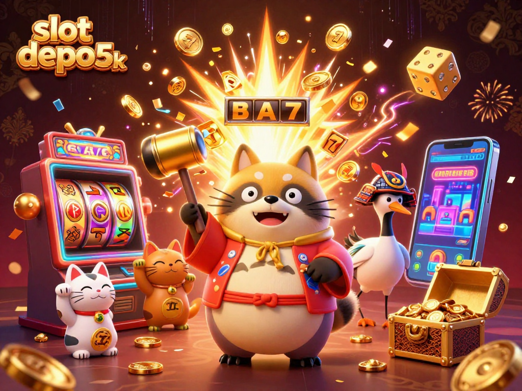 Experience the fun of slot depo 5k with a colorful 3D cartoon illustration of a tanuki, lucky symbols, and vibrant casino elements.