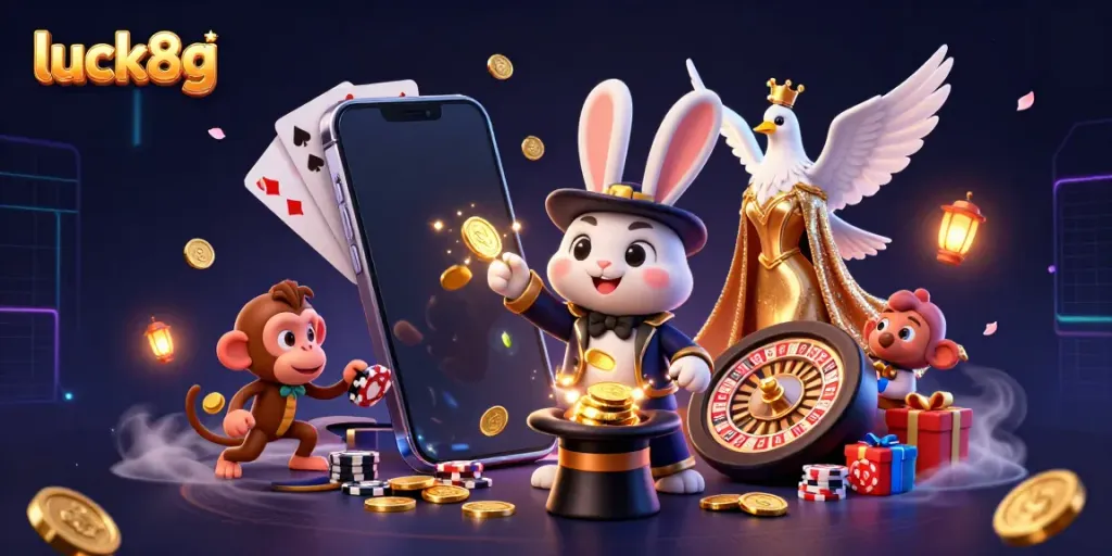 Engage with luck8g by exploring an exciting casino scene featuring a magician rabbit, dove, and monkey amidst vibrant game elements.