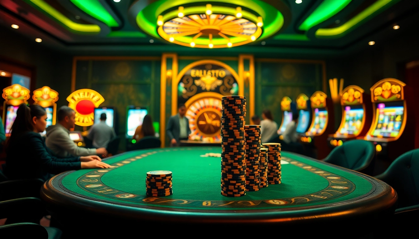 Suasana kasino yang menggairahkan dengan chip poker dan roda roulette yang menyoroti strategi Emas Toto.