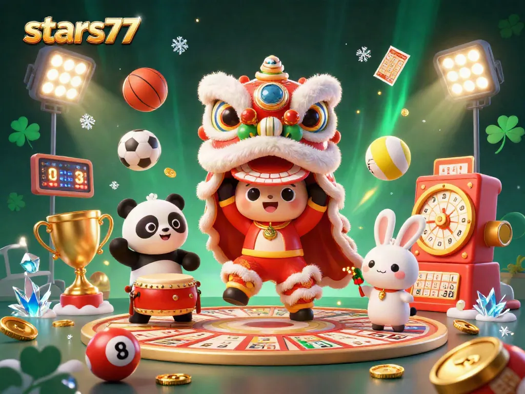 Taruhan menarik di stars77 dengan elemen undian serta olahraga, menampilkan karakter meriah.