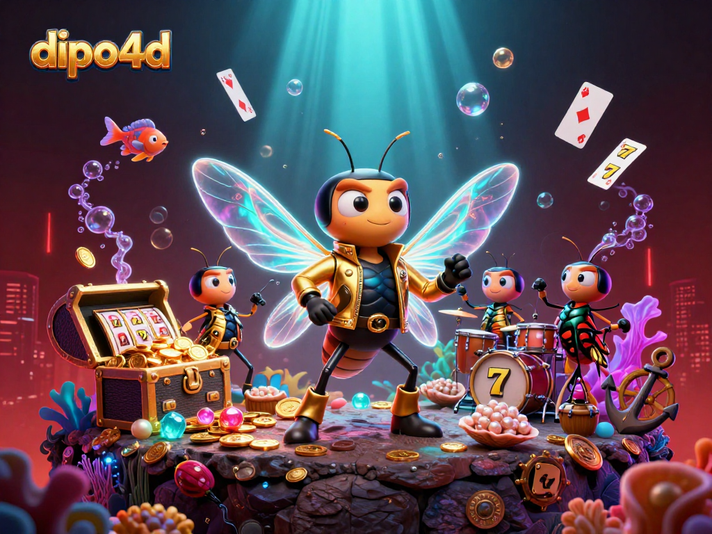 Play exciting games and top up your account with dipo4d's vibrant gaming illustration featuring unique characters and elements.