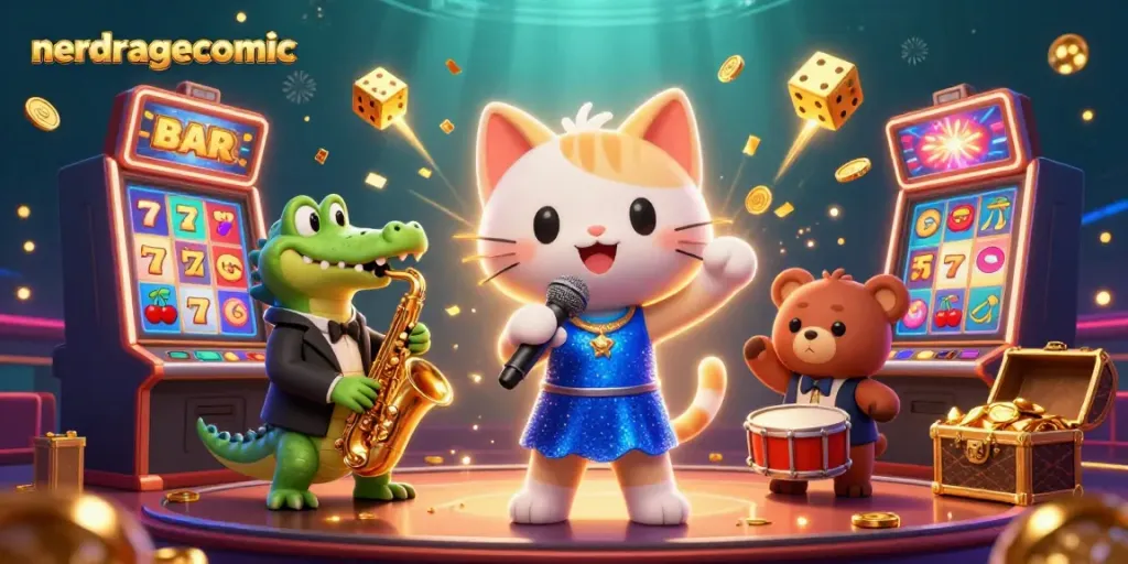 Gambar nerdragecomic dengan karakter kucing penyanyi jazz di panggung kasino, simbol jackpot dan koin berterbangan.