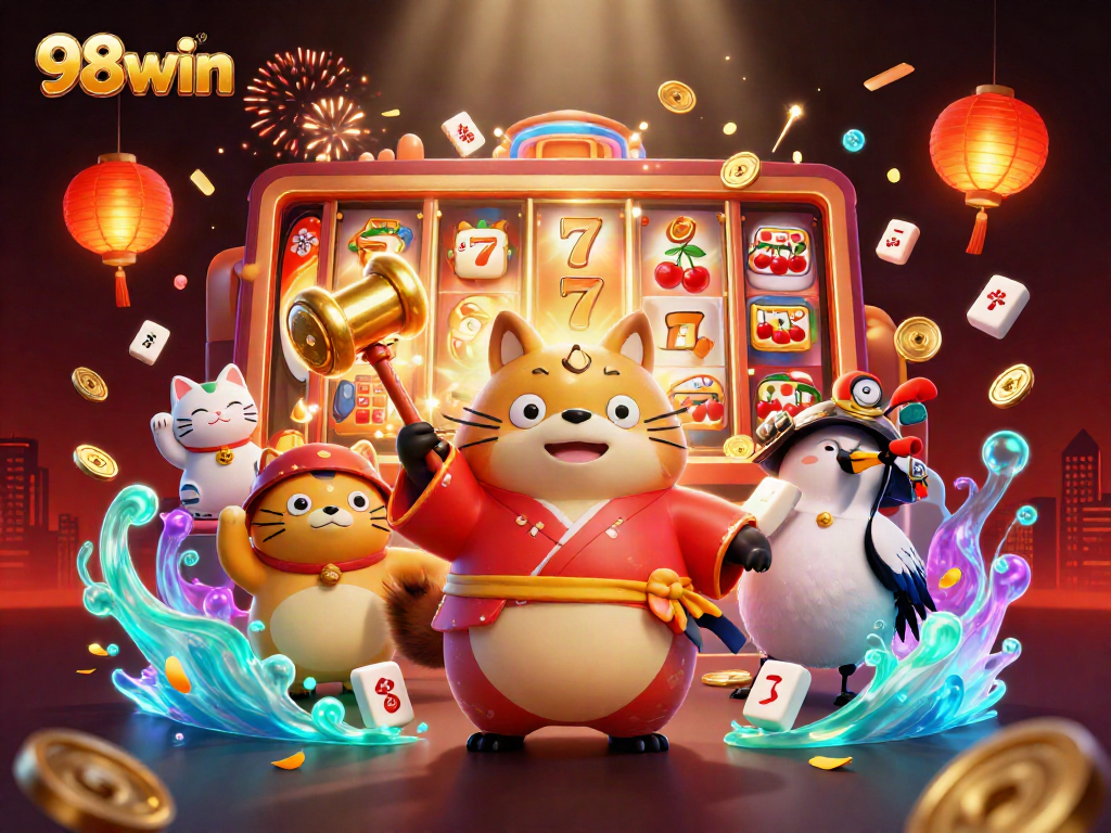 Spin the reels of fortune with 98win vin's lucky characters in this vibrant casino scene.