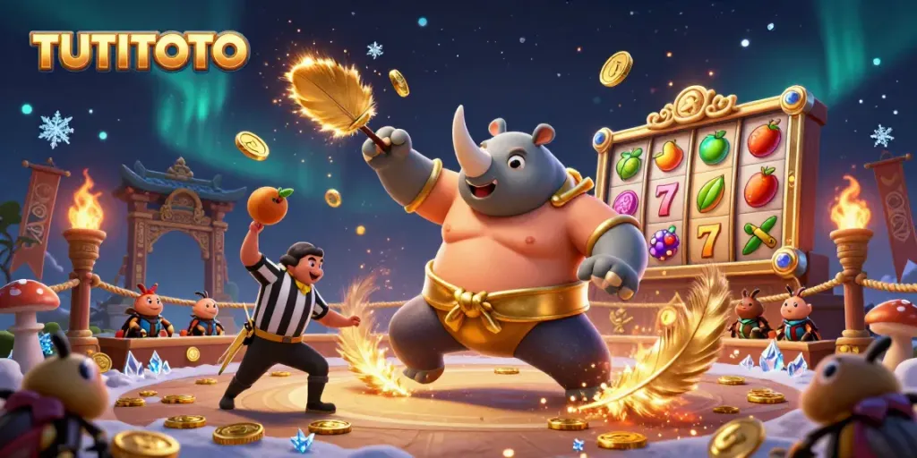 Experience exhilarating TUTITOTO action with a sumo beetle champion amid coins and slot elements in a vibrant arena.
