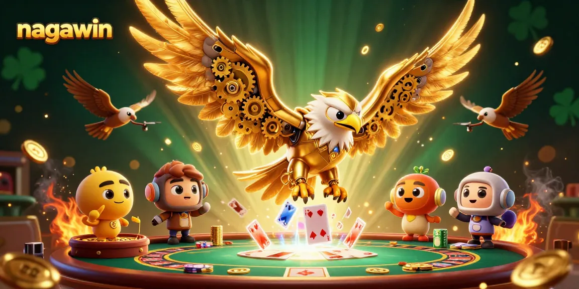 Experience excitement with nagawin in a vibrant casino atmosphere filled with holographic elements and golden tokens.