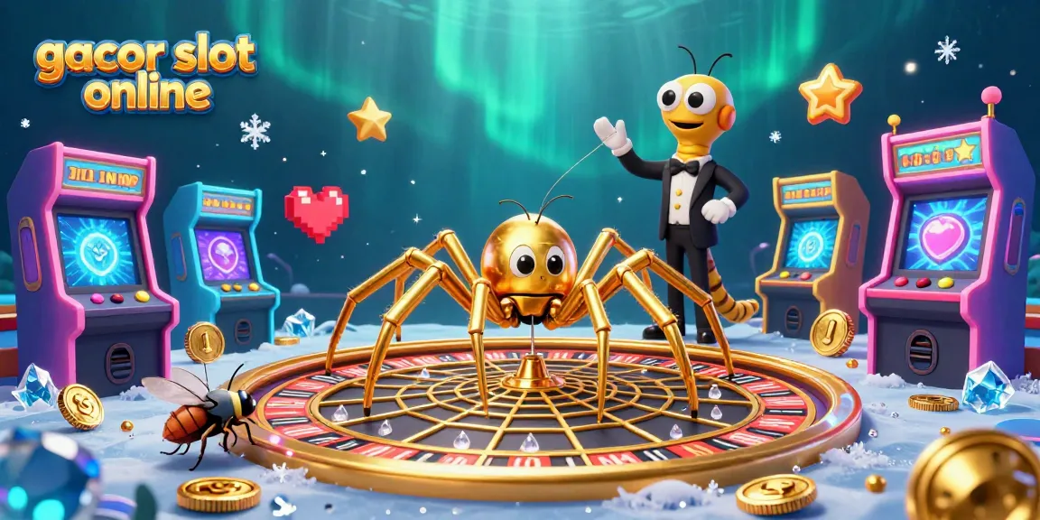 Experience gacor slot online excitement with a golden spider, fly, and centipede in a lively casino scene.