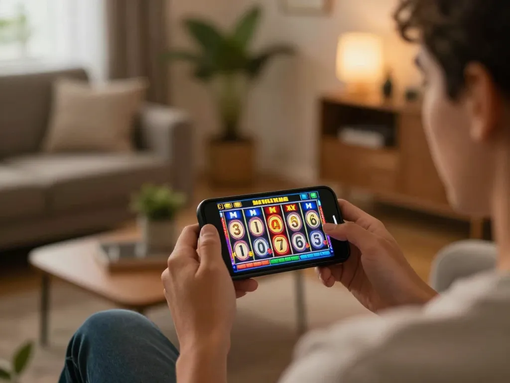 Pengguna yang terlibat memainkan slot depo 5k di smartphone, menunjukkan potensi kemenangan di rumah yang nyaman.