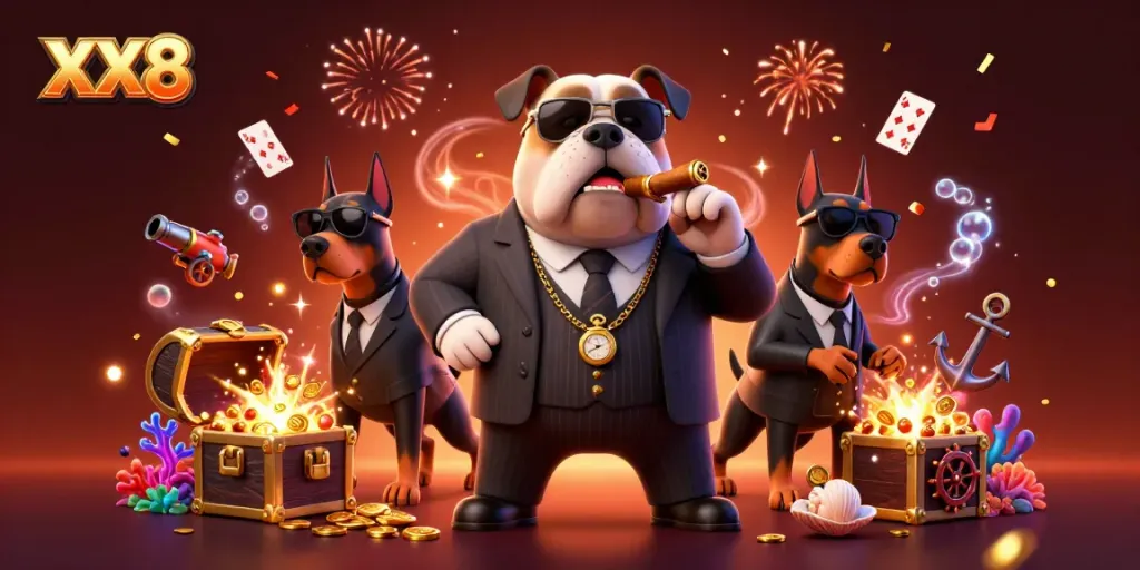 Join the excitement at XX8 with a mafia boss bulldog and stylish Dobermans, surrounded by treasures and gaming elements.