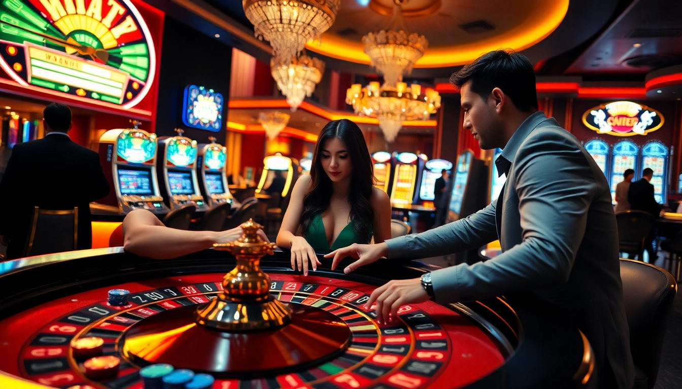 Miko69 bermain di meja roulette dengan suasana kasino yang ramai dan penuh warna.