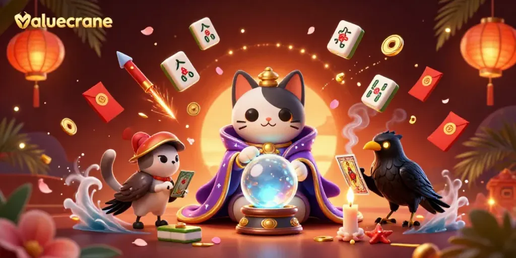 Menyaksikan permainan di Value Crane dengan kucing peramal dan burung gagak yang berurusan dengan kartu tarot.