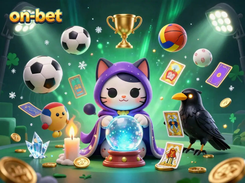 Bet on on-bet as a mystical cat ponders bets with a raven and rich gambling symbols.